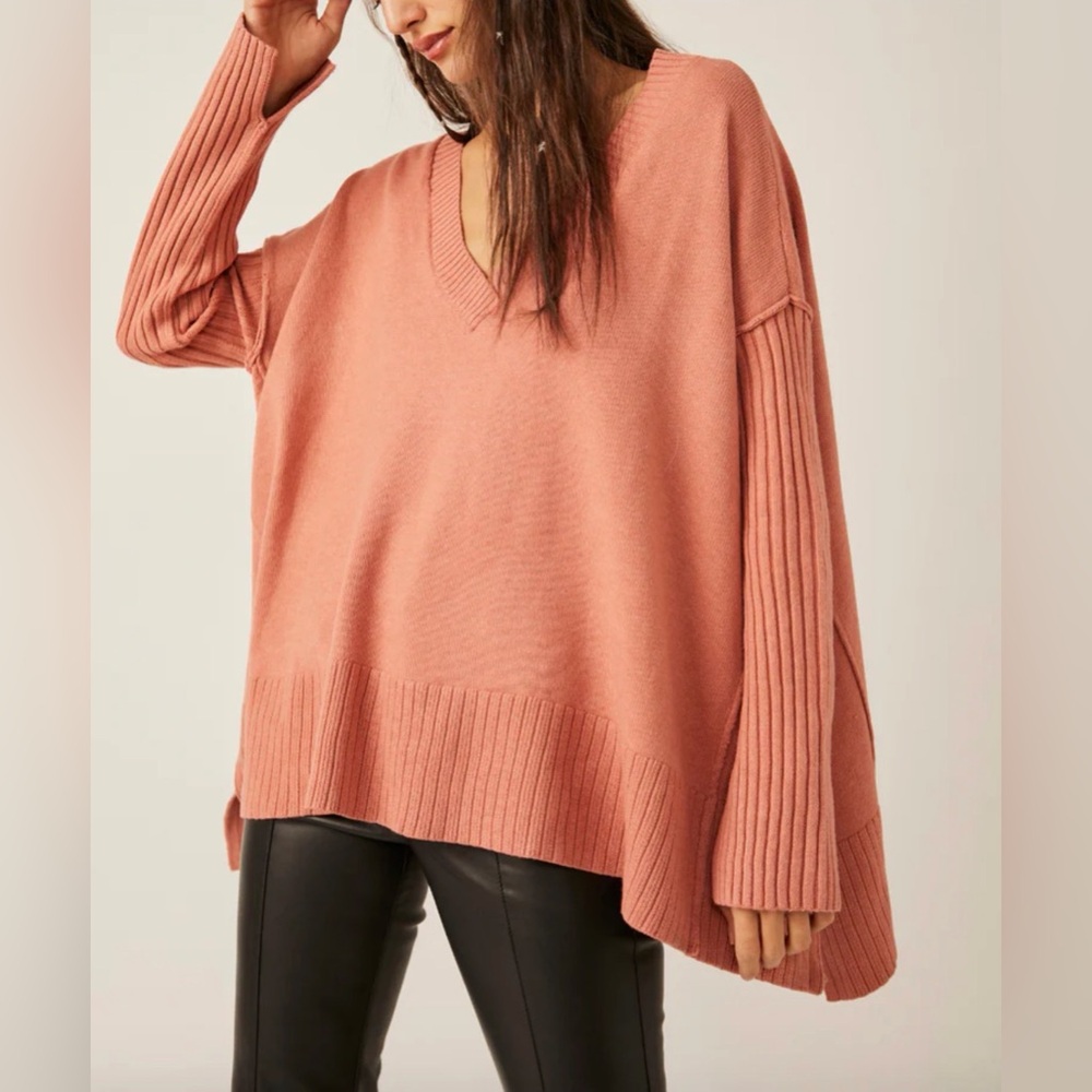 Free People Orion A-Line Tunic Sweater Rose Pink Oversized Boho Size M Slouchy